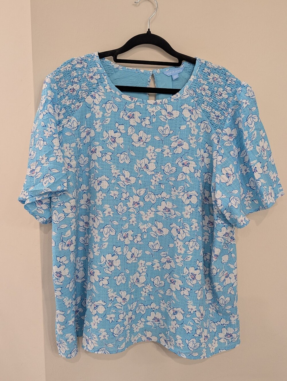 Draper James Women's Flutter Sleeve  Smocked S/S Floral Blue Blouse Size XXL